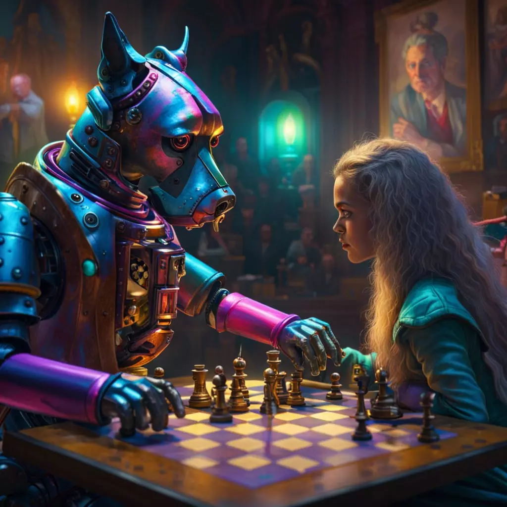 Robot dog playing chess with a young girls symbolising the future of technological progress and iczar's commitment to be part of it